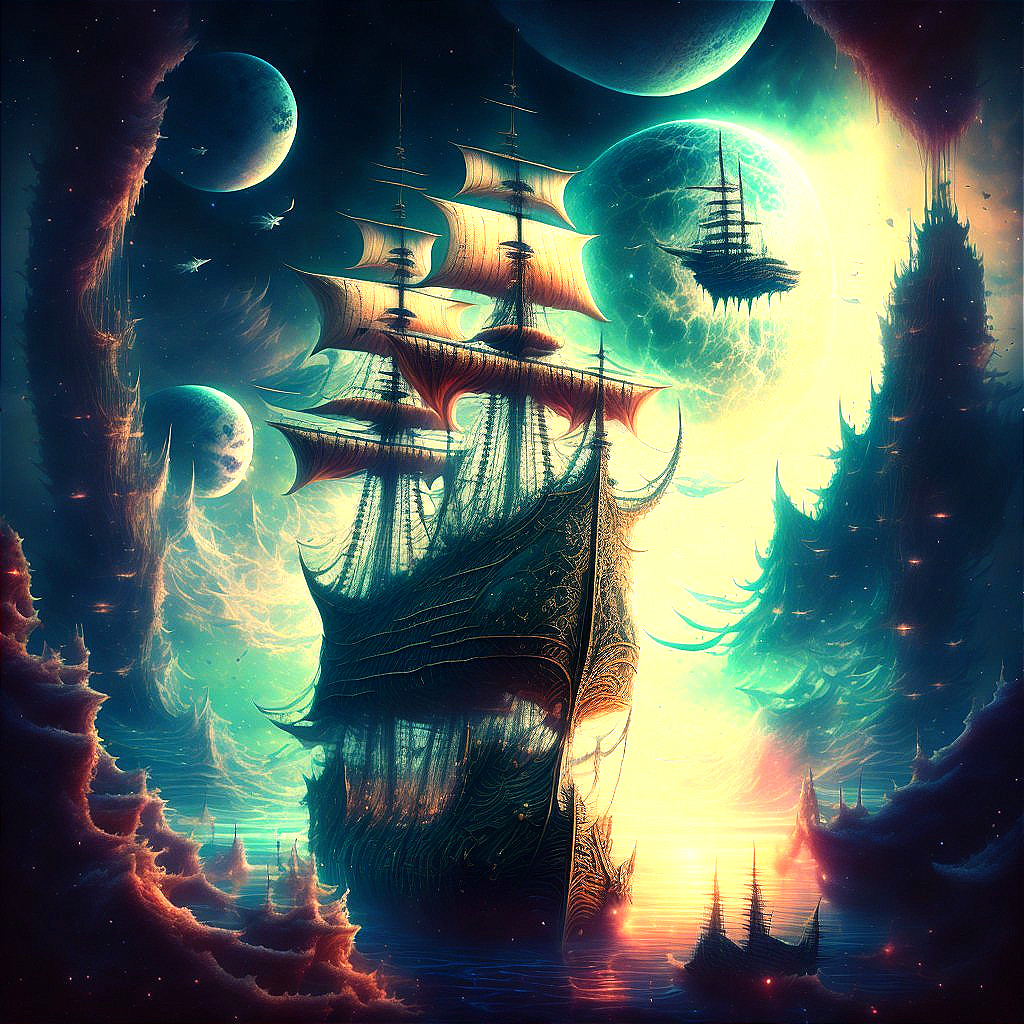 Ethereal Sailing Ship in Celestial Landscape