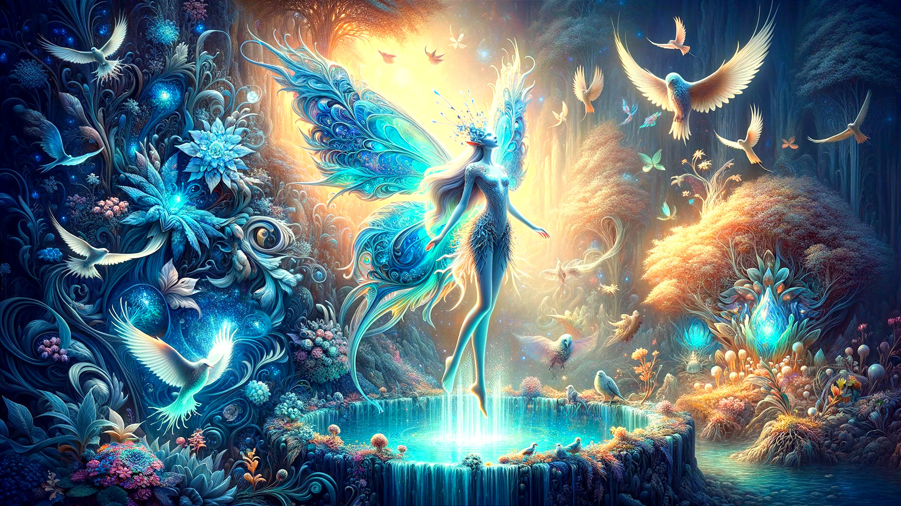 Luminous Fairy with Blue Wings by Shimmering Pool