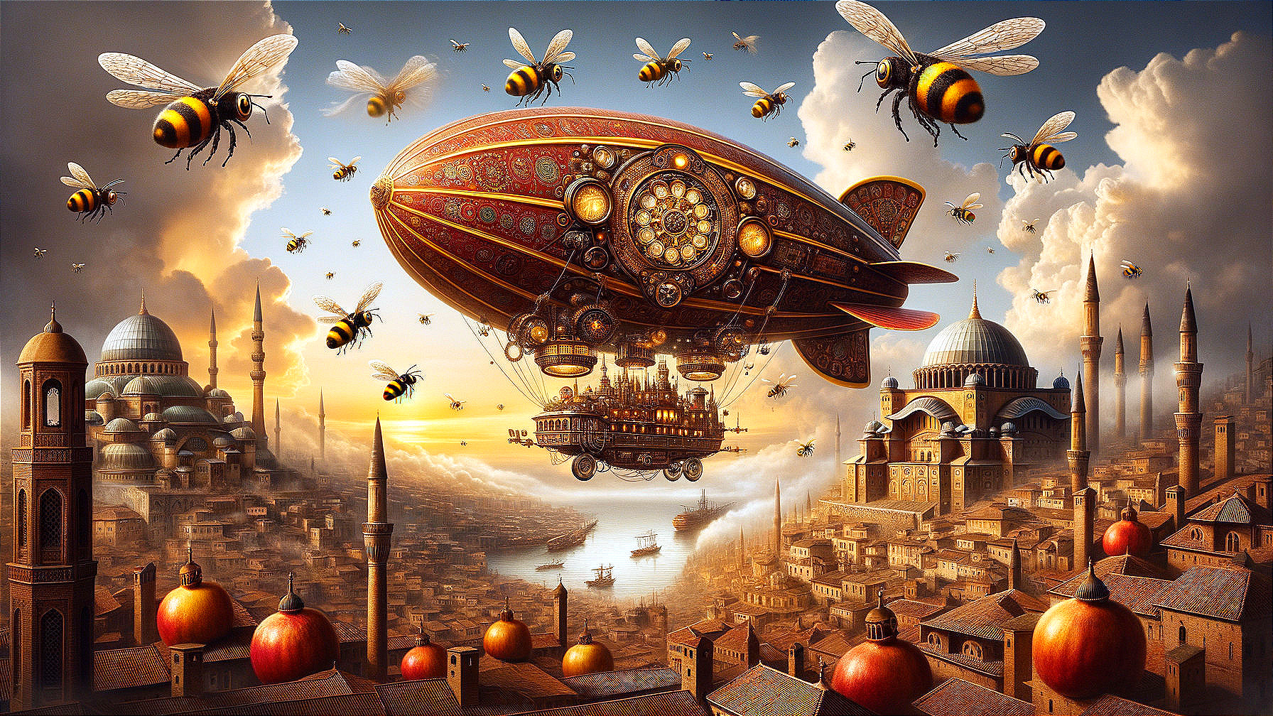 Steampunk Airship in Sunset Over Cityscape