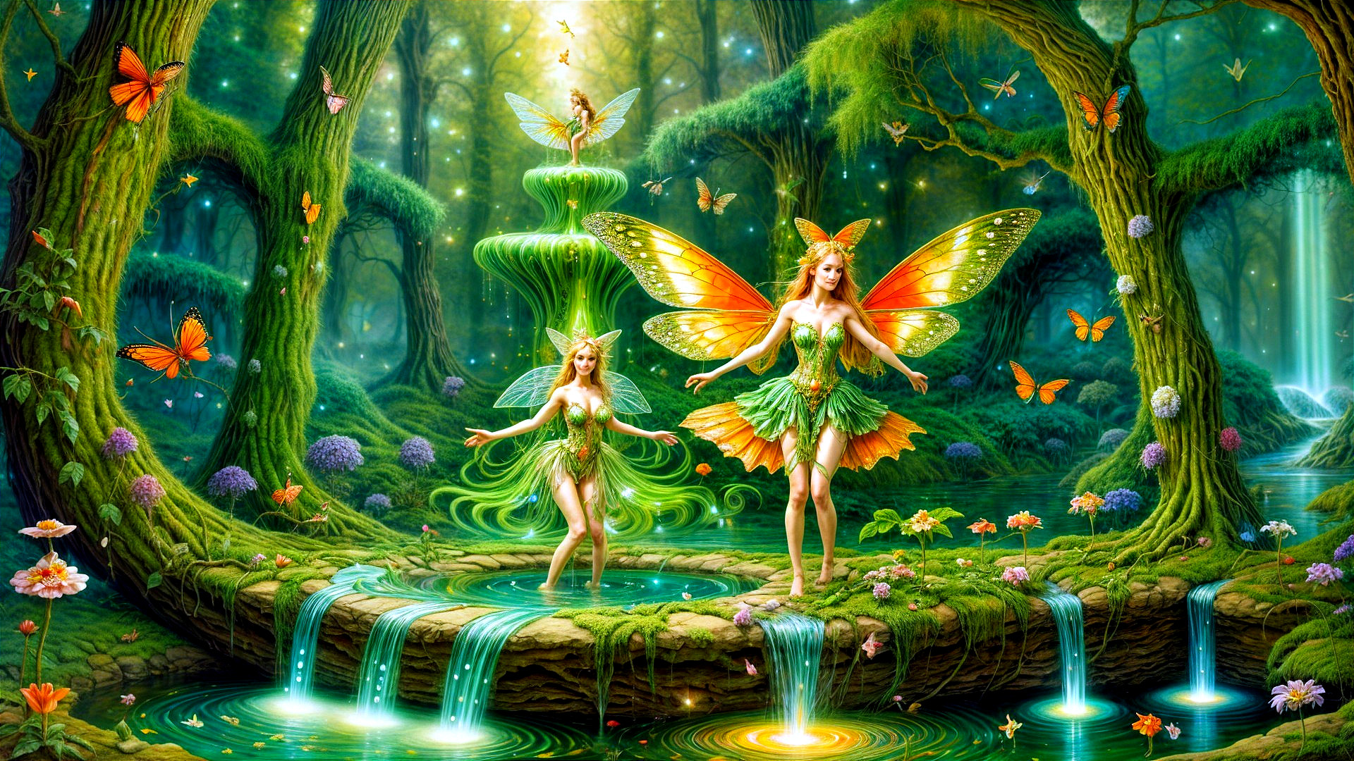 Fairies by a Sparkling Waterfall in Enchanted Forest