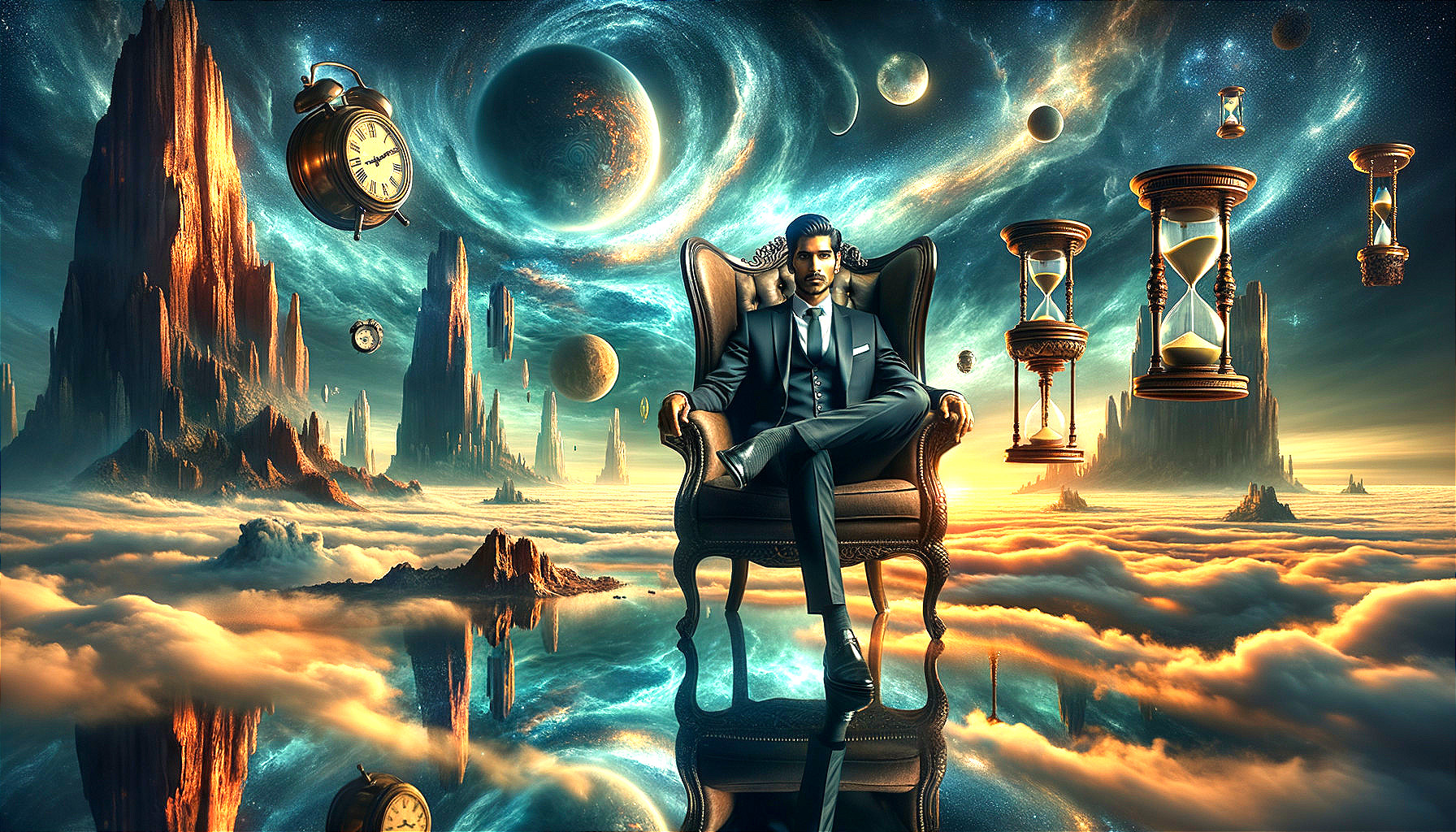 Futuristic Figure in Cosmic Landscape with Clocks