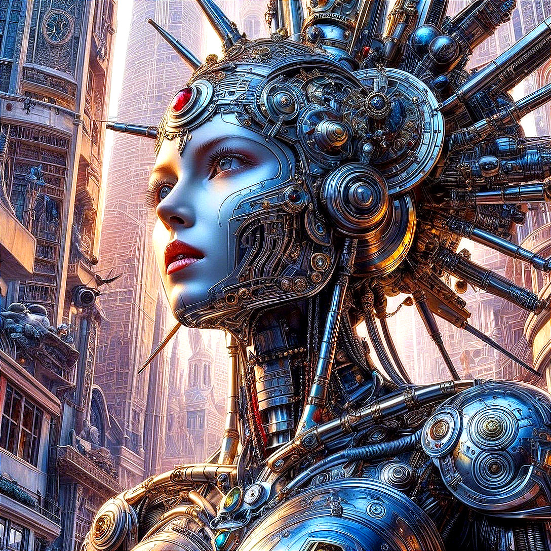 Futuristic humanoid figure in ornate cityscape setting