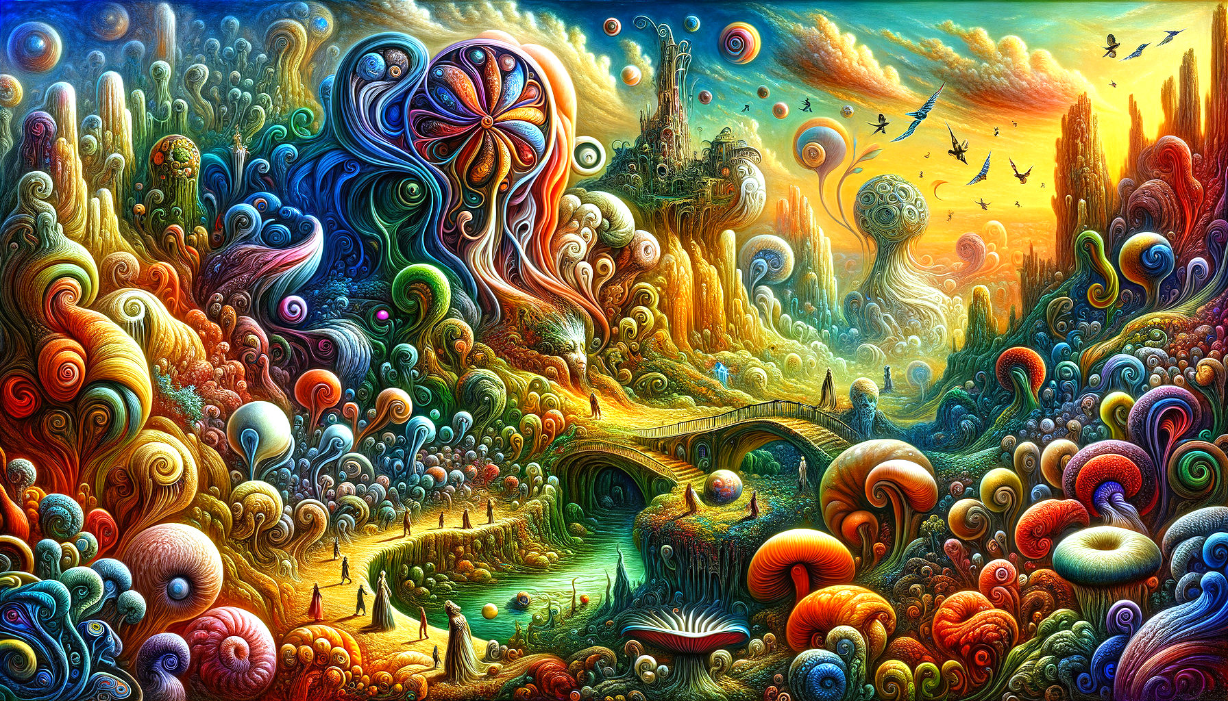 Surreal Landscape with Colorful Patterns and Castle