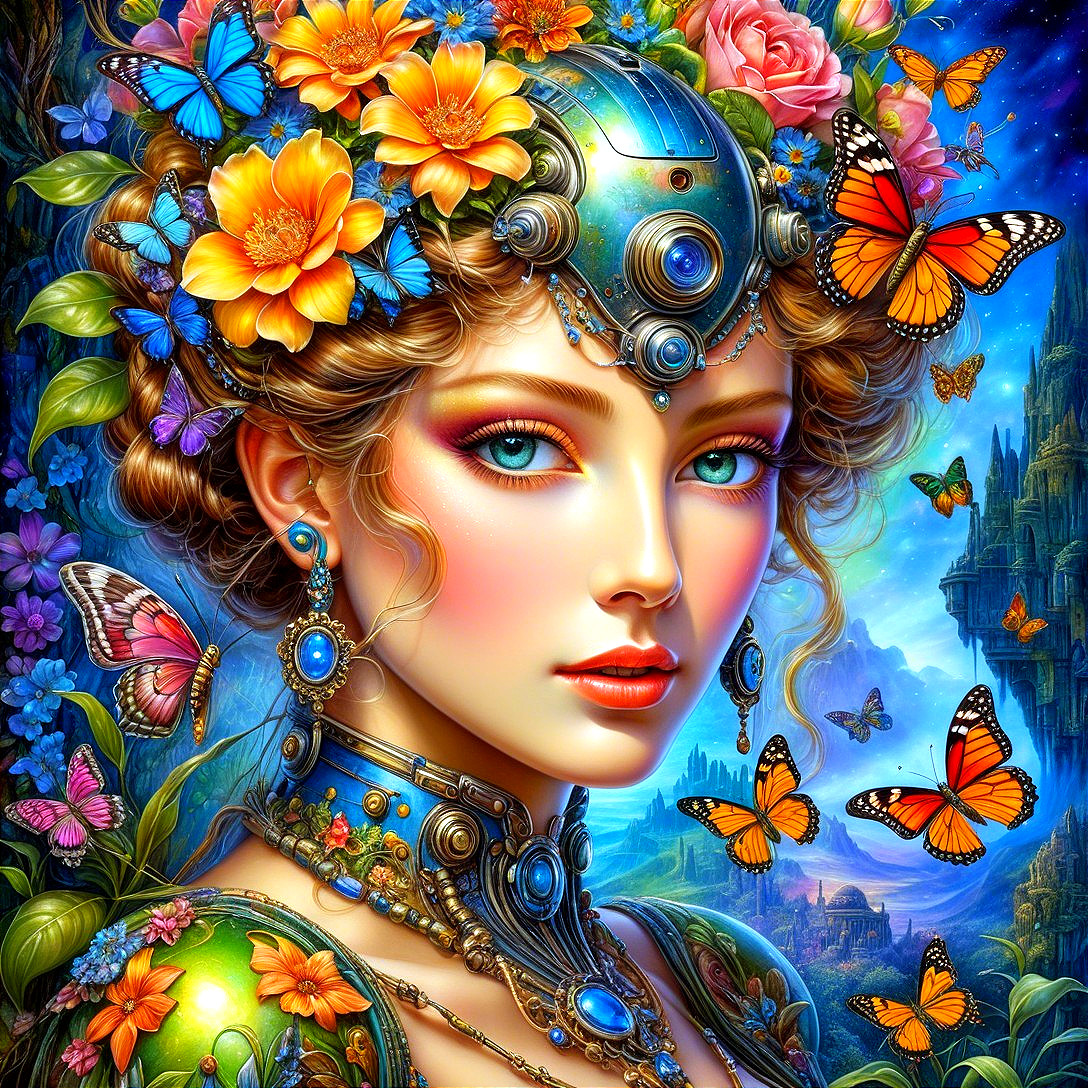 Woman with Flowers and Butterflies in Magical Landscape