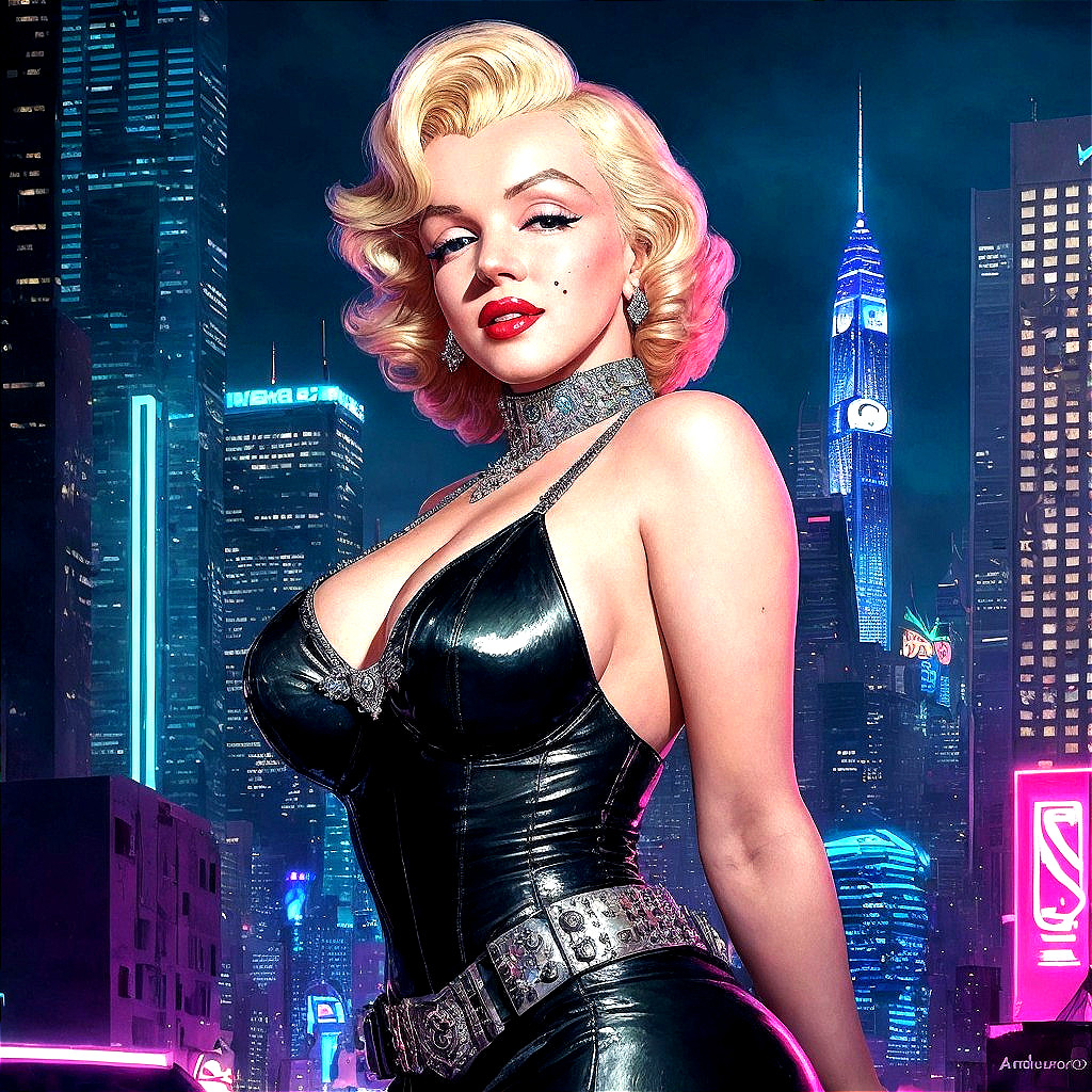 Blonde woman in black latex dress with retro hairstyle in neon-lit cityscape