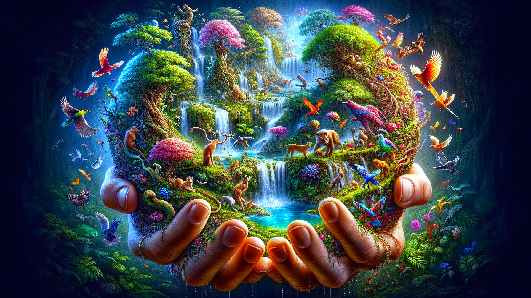 Large hands holding a vibrant enchanted forest globe