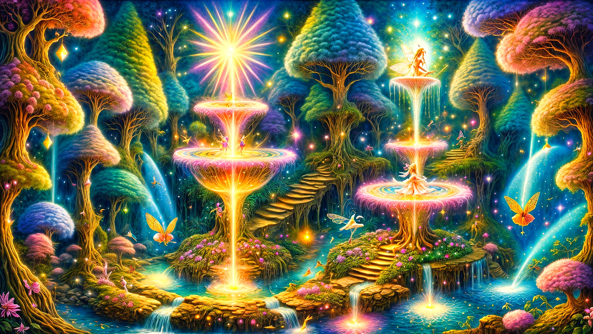 Vibrant Fantasy Landscape with Glowing Waterfalls