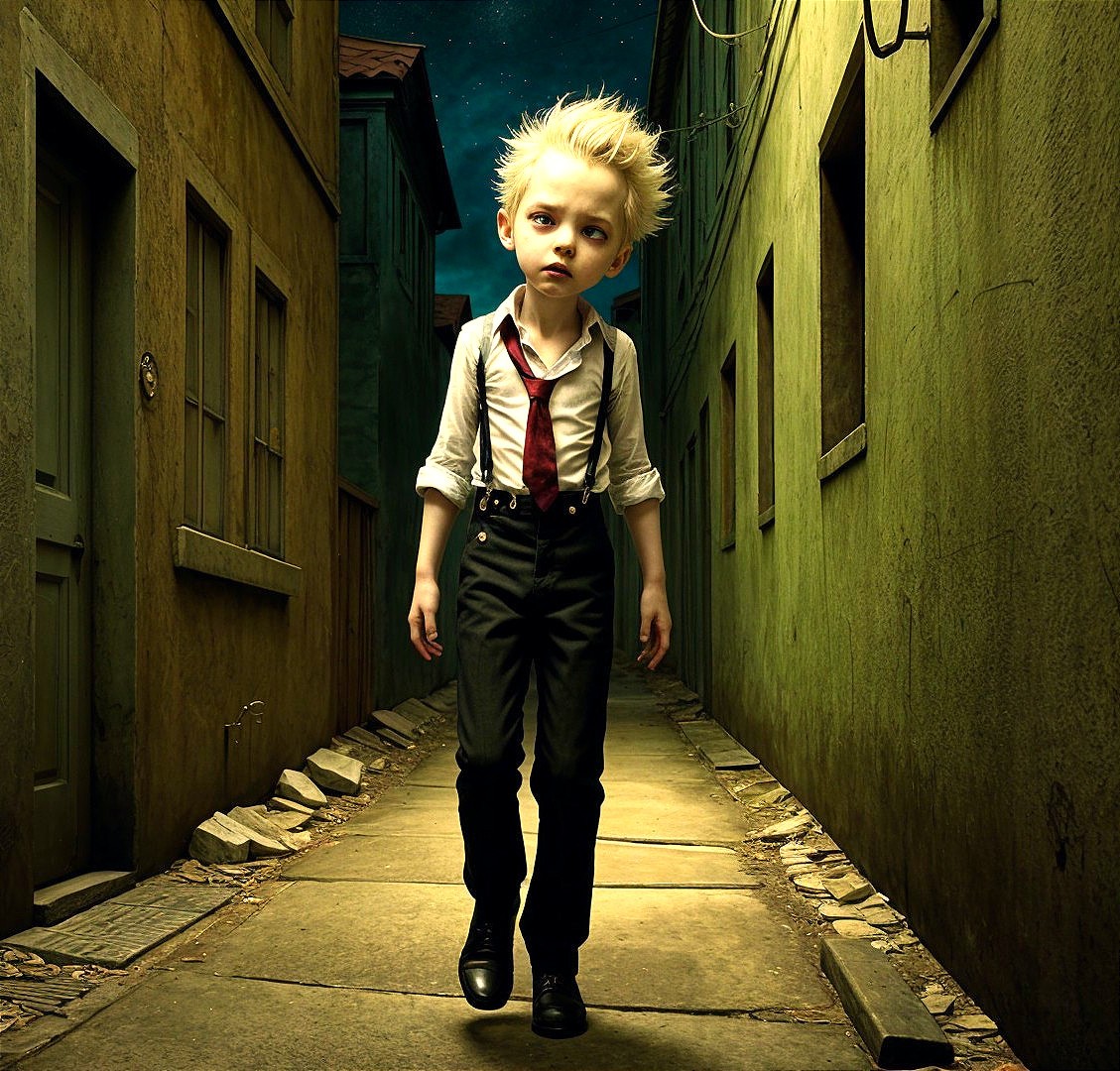 Young Boy in Dimly Lit Alley with Tousled Blond Hair