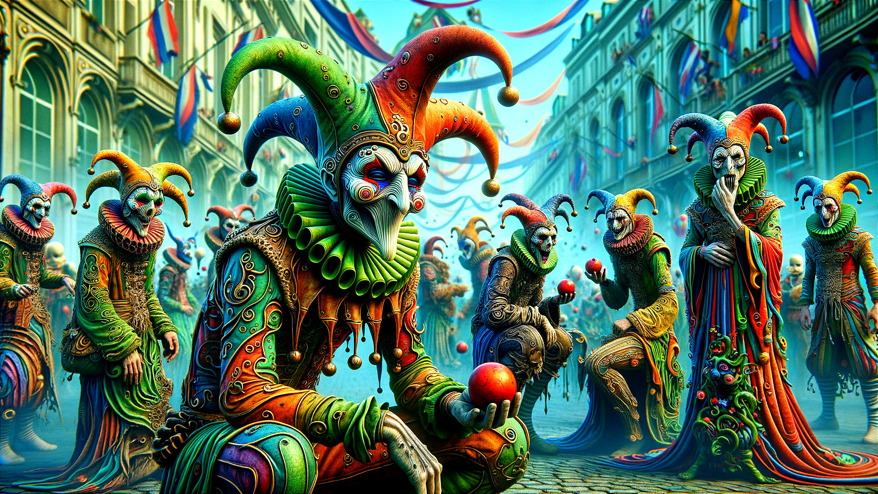 Colorful Jesters with Apples in a Festival Atmosphere