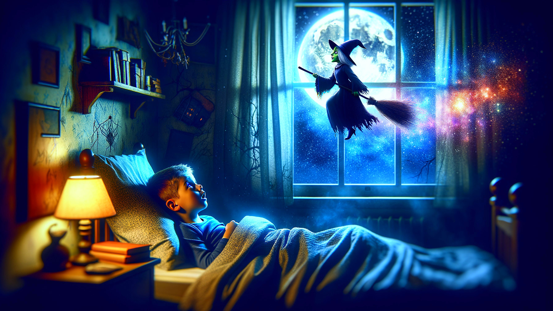 Whimsical Witch Flying Under Moonlit Night Sky
