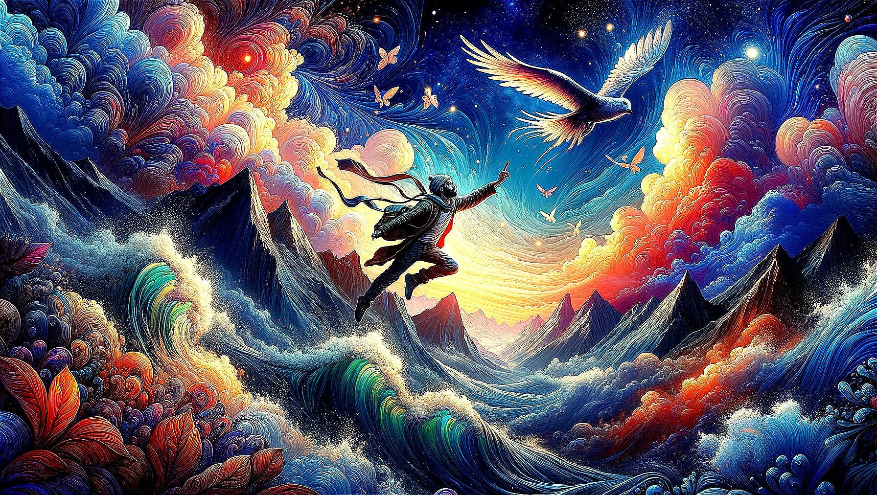 Surreal Landscape with Vibrant Clouds and Majestic Eagle