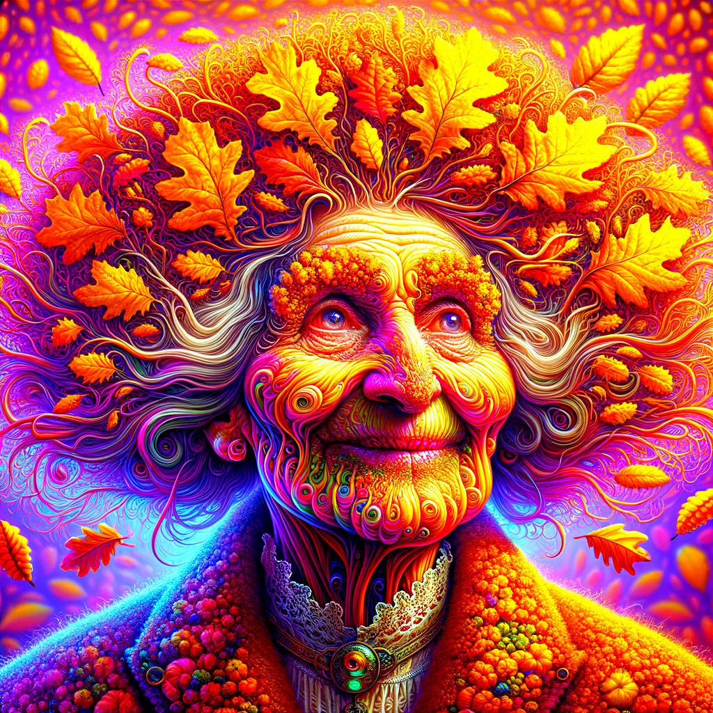 Surreal Portrait of Elderly Woman with Autumn Leaves