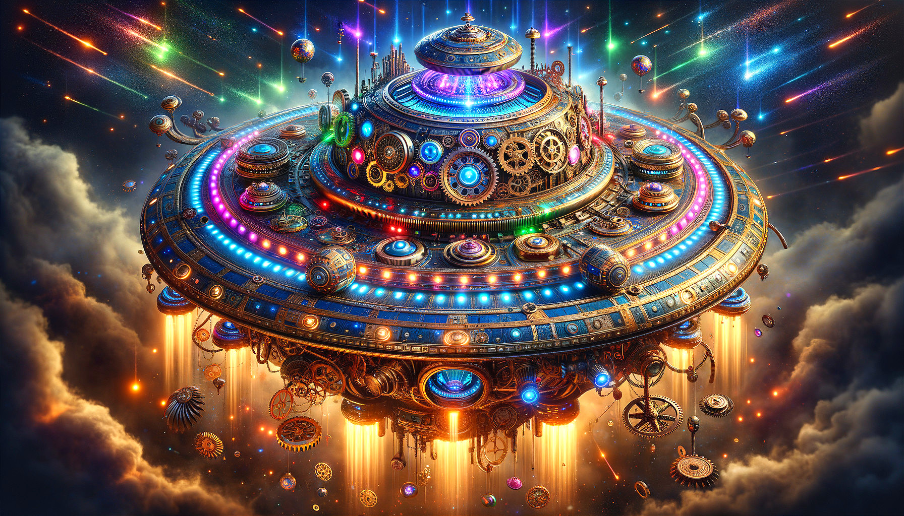 Futuristic spacecraft with vibrant lights and colors
