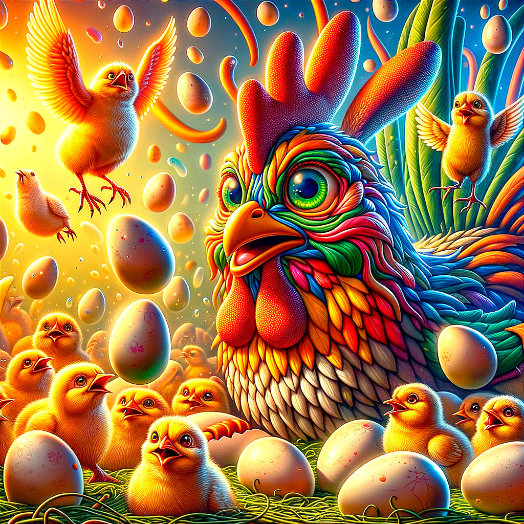 Colorful Rooster with Cheerful Chicks in Sunlit Scene