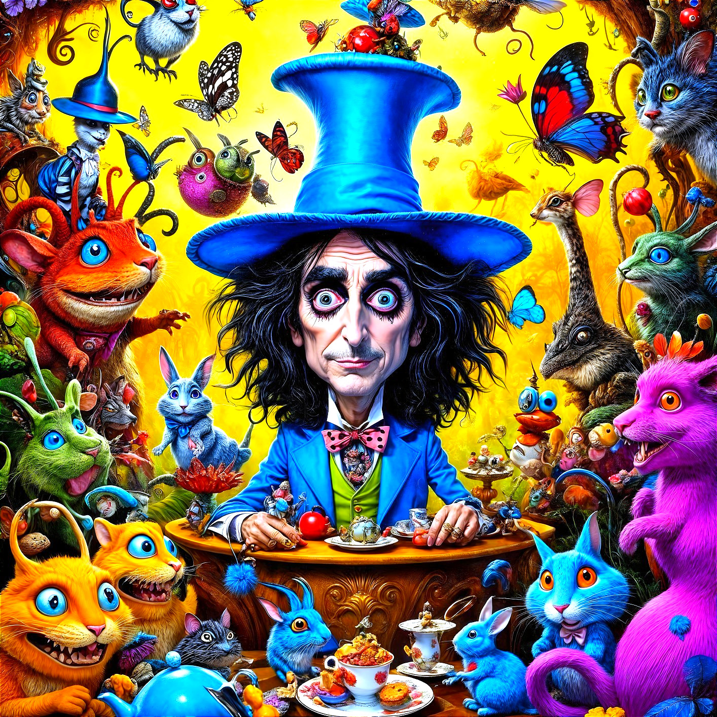 Whimsical Tea Party with Colorful Creatures and Figures