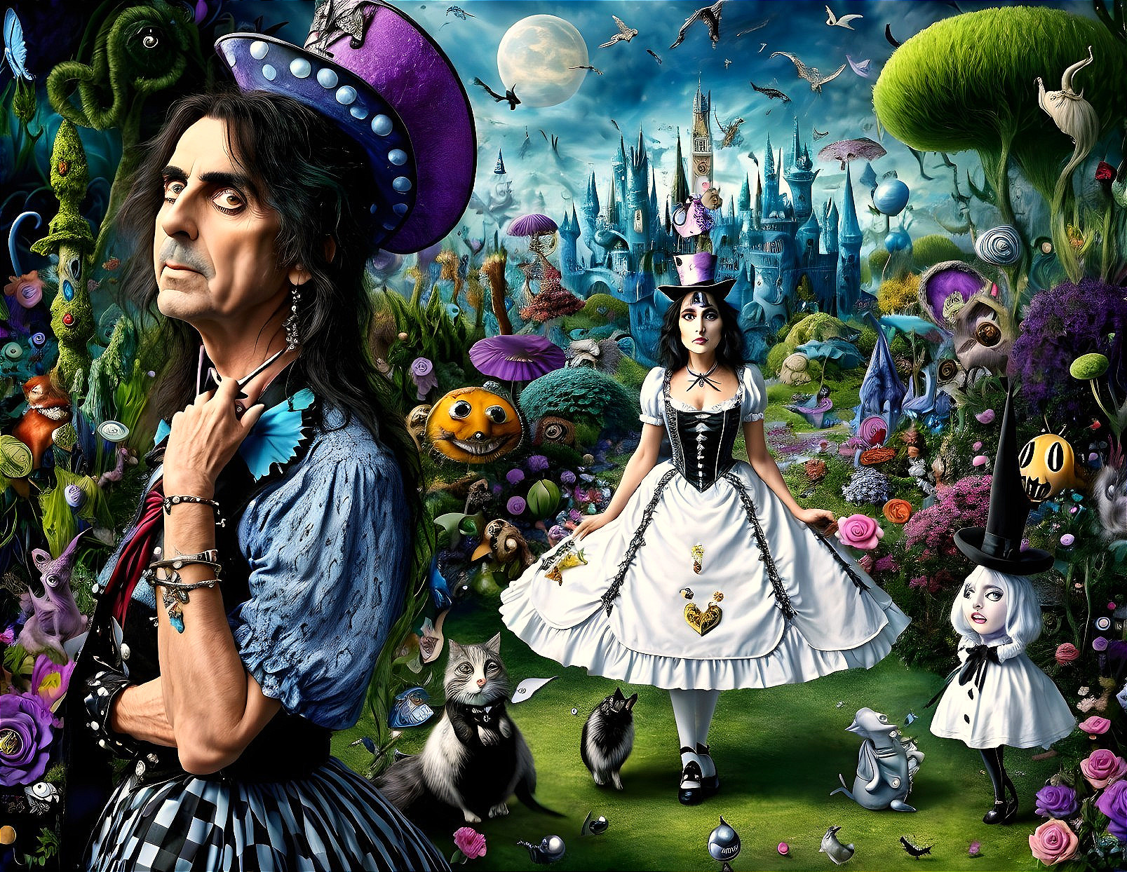 Surreal Landscape with Whimsical Castle and Characters