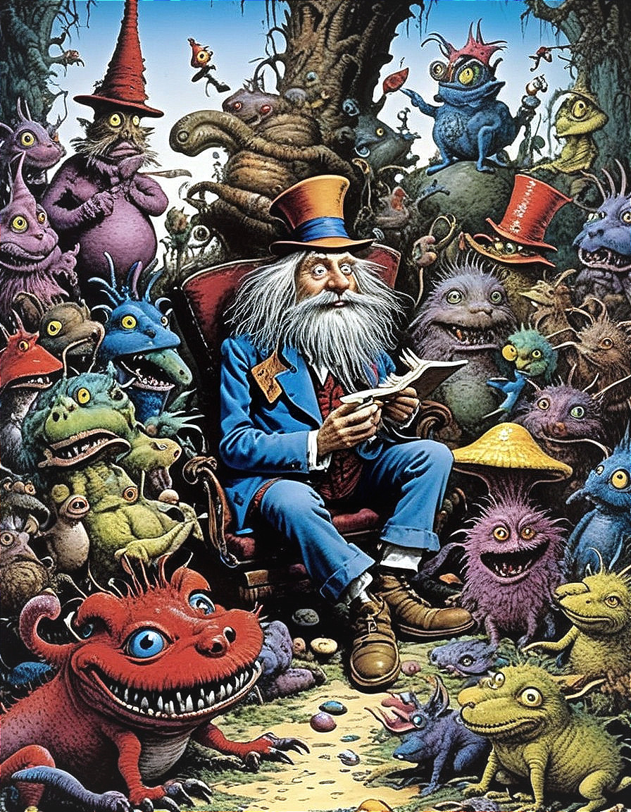 Whimsical Forest Scene with Eccentric Old Man and Creatures