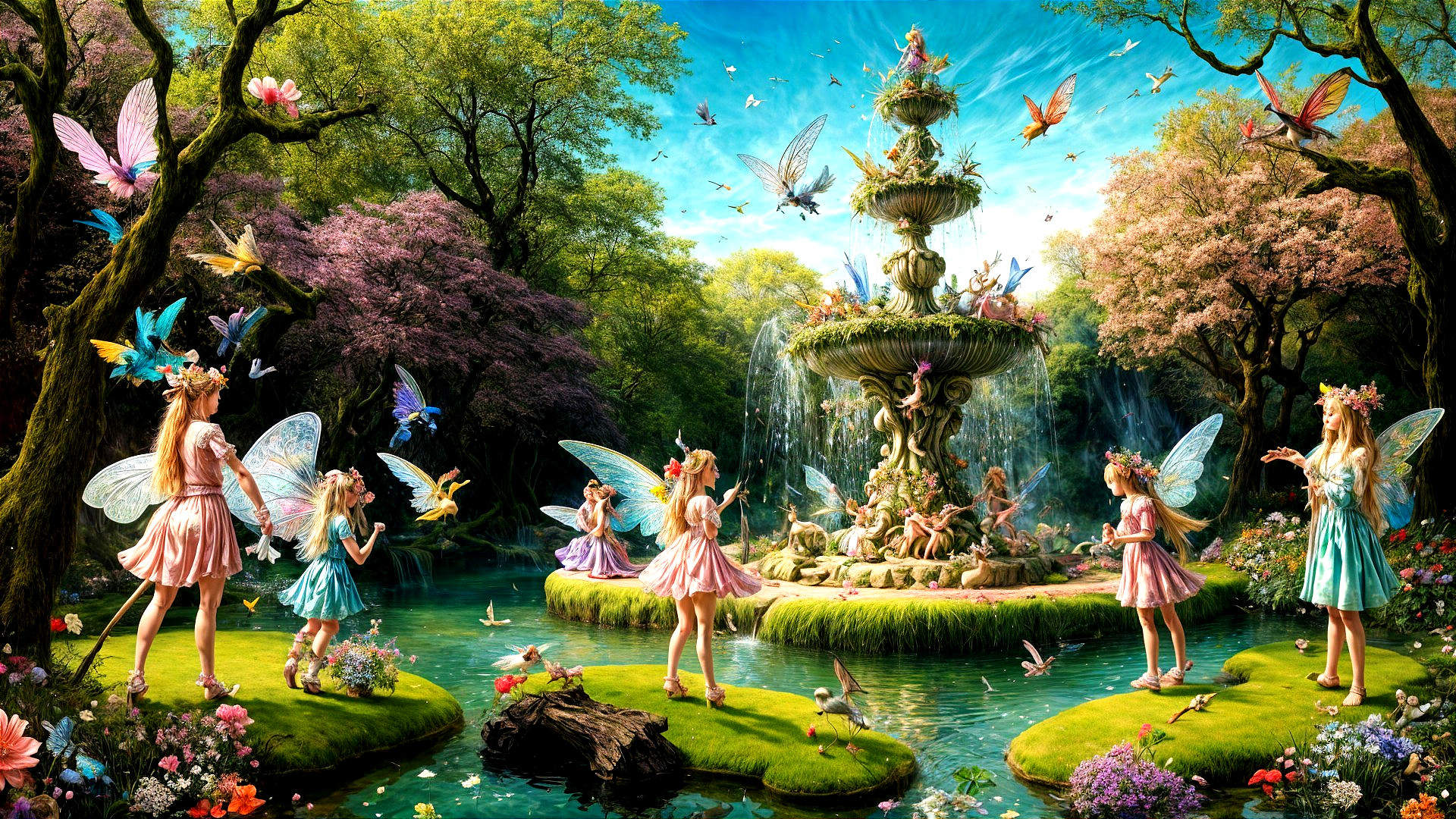 Whimsical Enchanted Forest with Fairies and Fountain