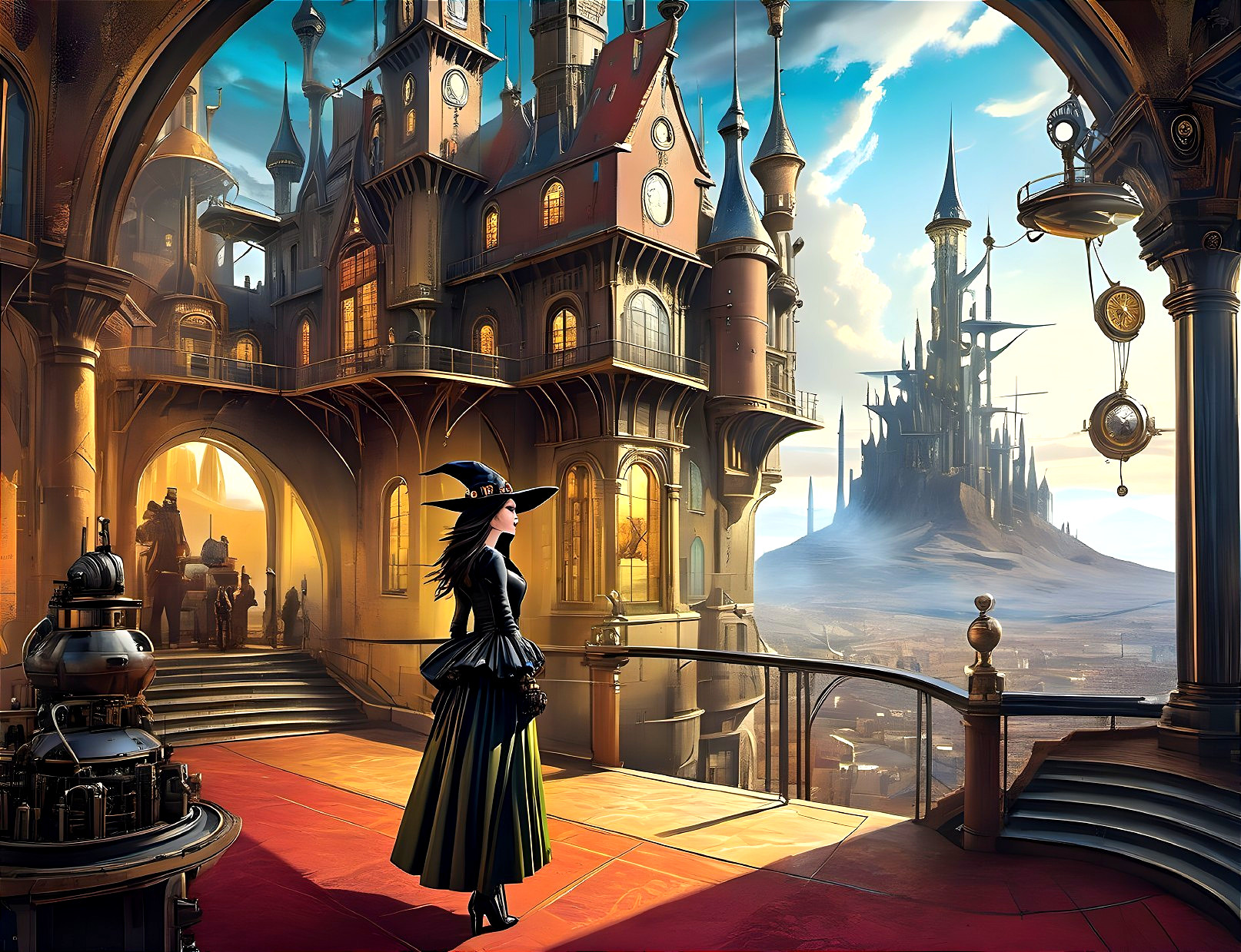 Witch on Balcony Overlooking Towering Castle Landscape