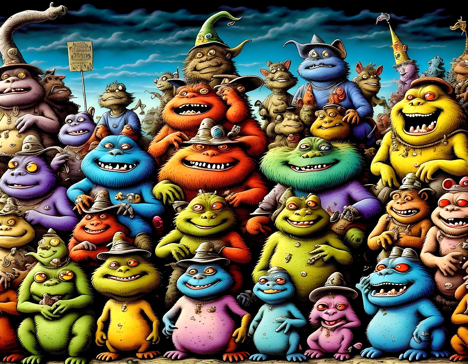 Colorful Illustration of Whimsical Monsters in Group Photo