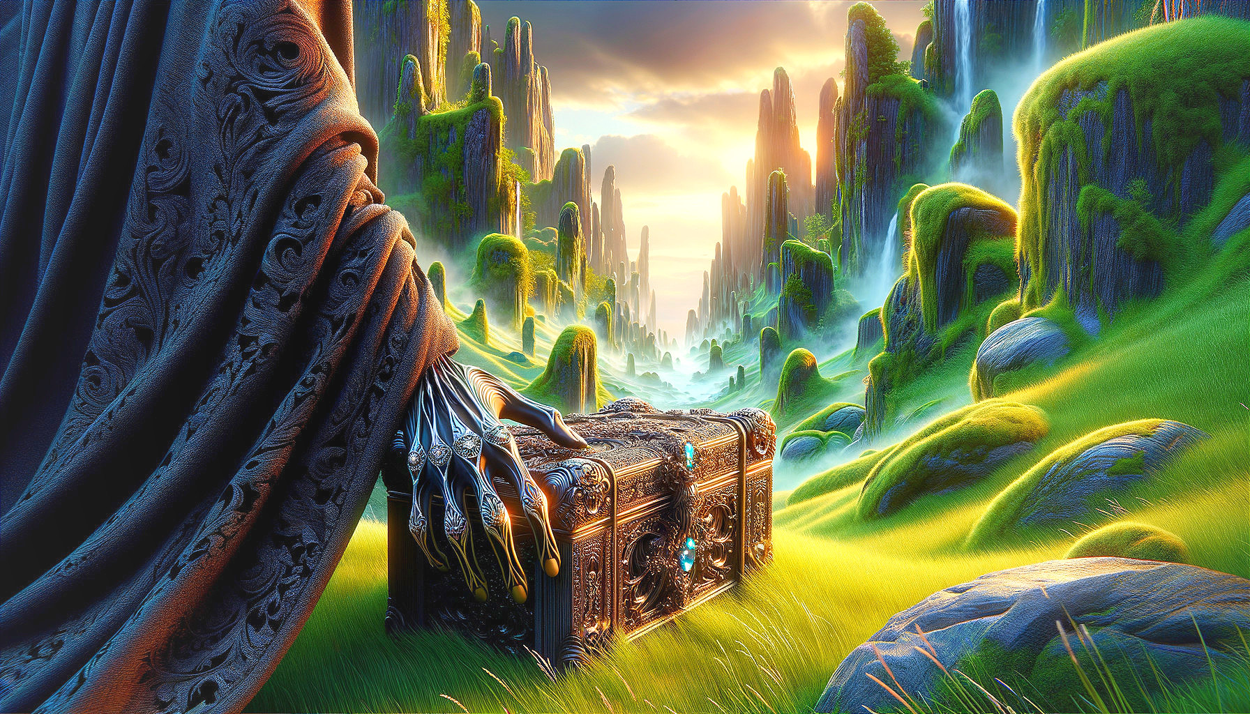 Mysterious Figure by Ornate Treasure Chest at Sunset