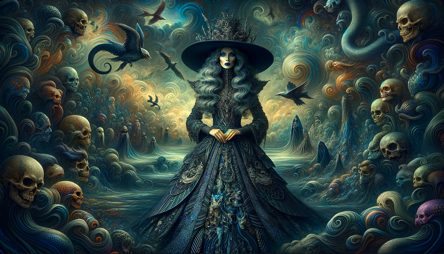 Mystical Figure in Ethereal Landscape with Skulls and Ravens