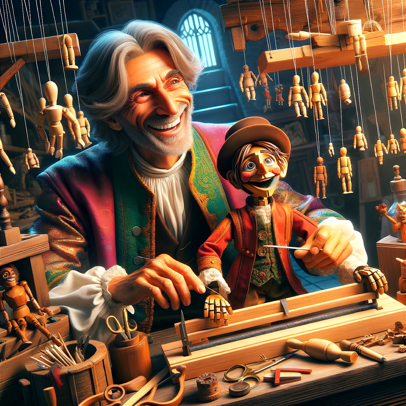 Elderly Artisan Crafts Colorful Wooden Marionette