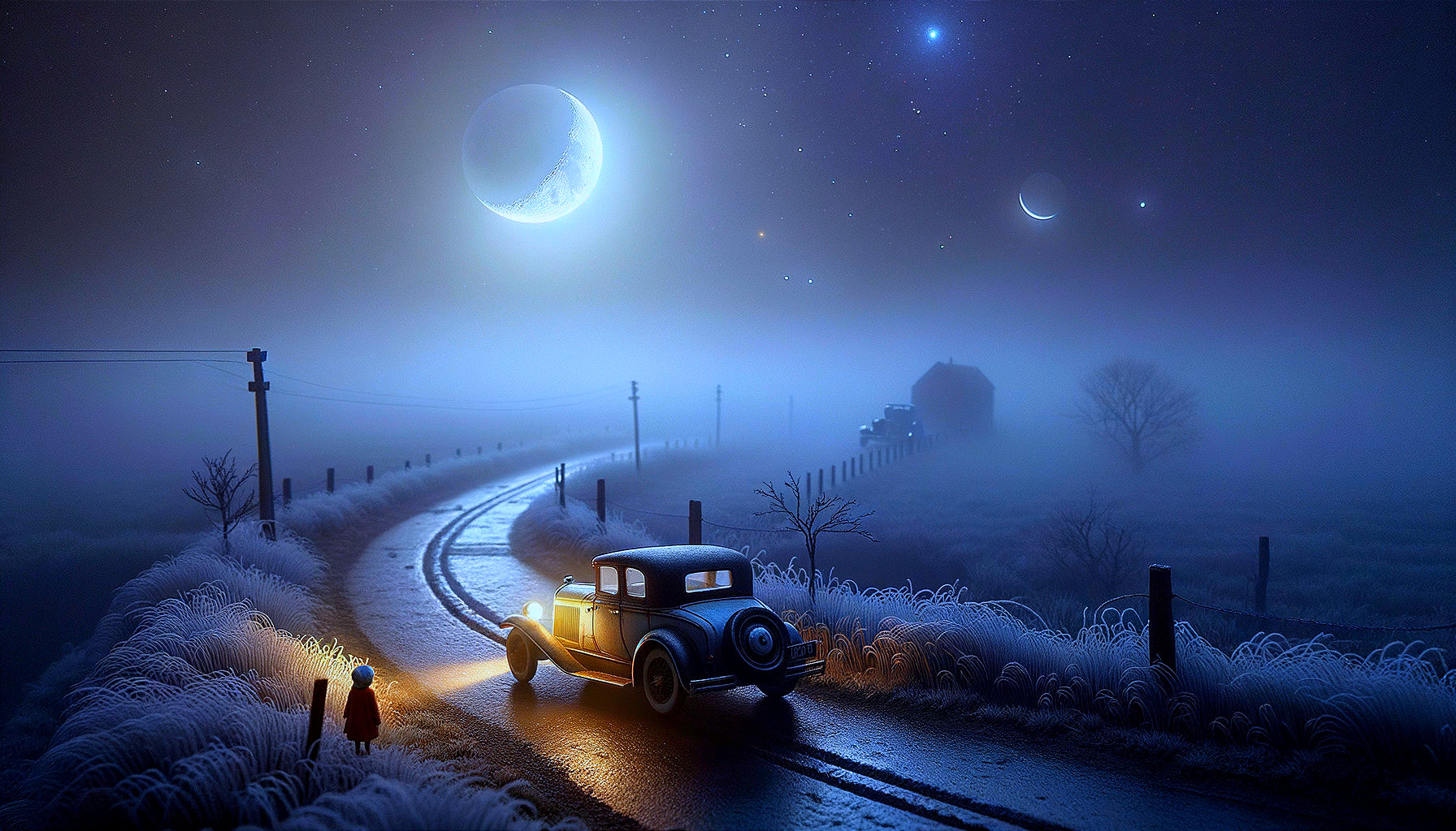 Nostalgic Foggy Road with Classic Car and Starry Sky
