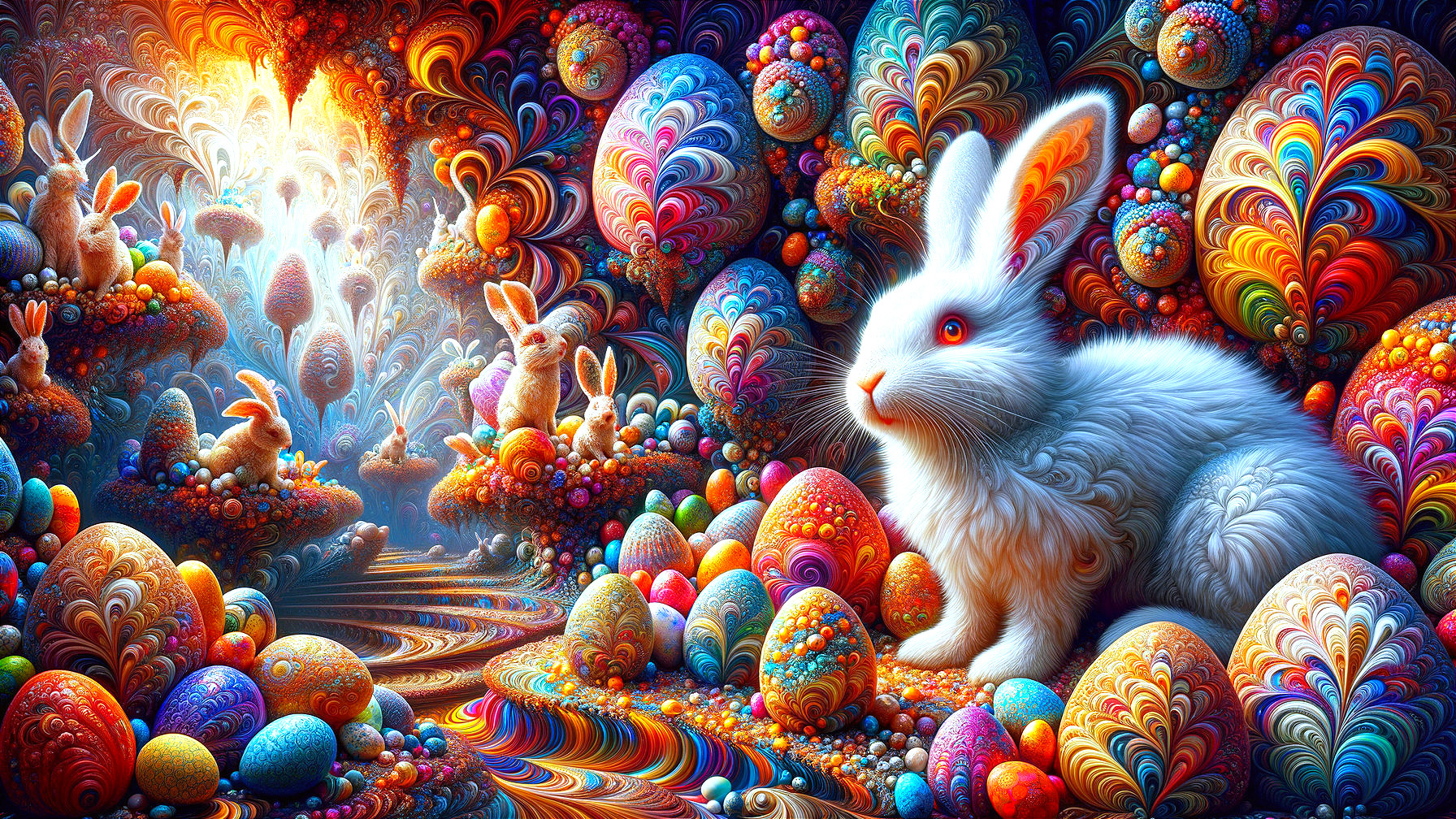 Whimsical Scene of Rabbit and Colorful Patterned Eggs