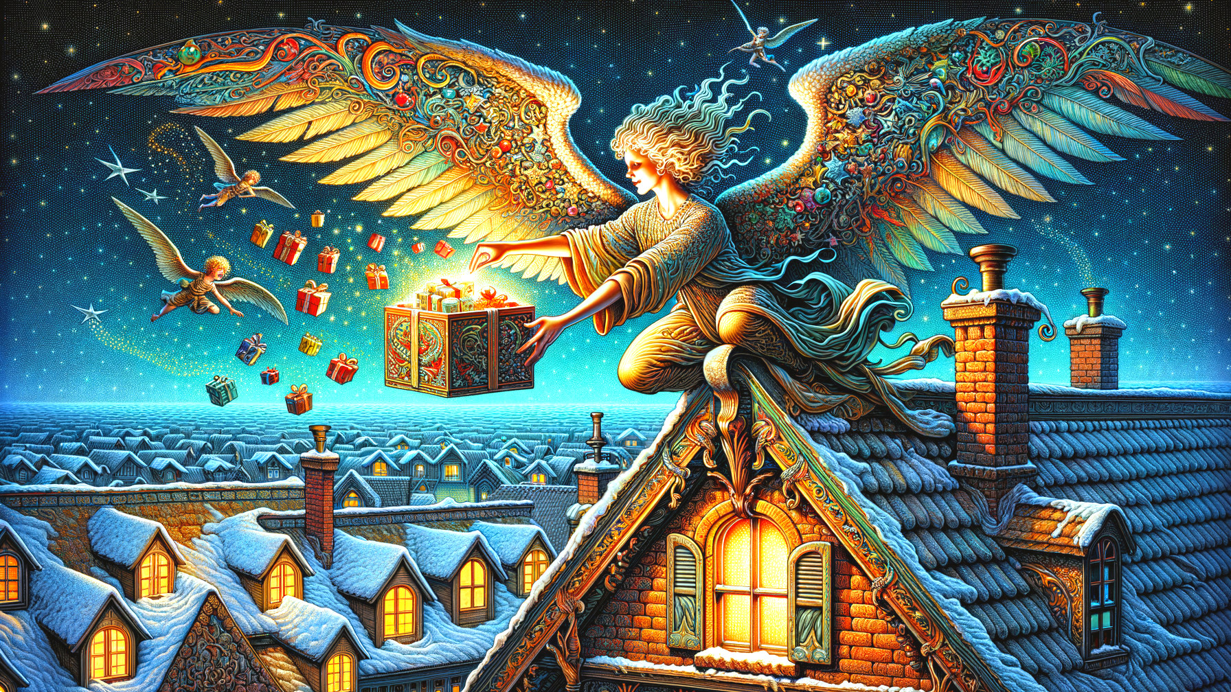Angel Delivering Gifts in a Starry Night Scene