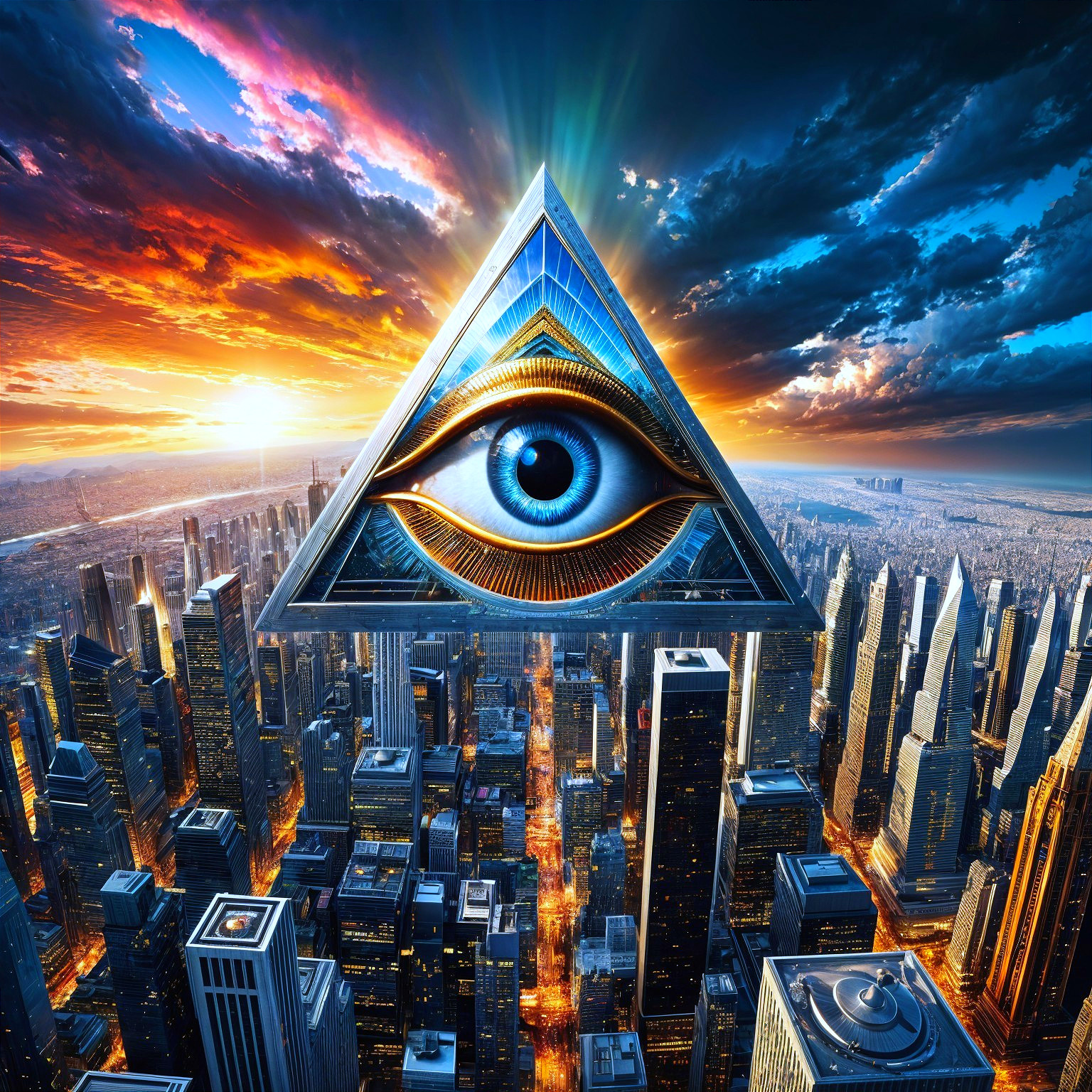 Dramatic Sunset Skyline with All-Seeing Eye Triangle
