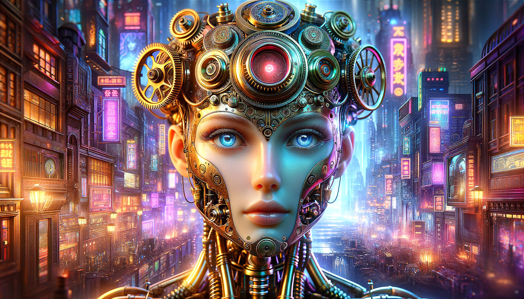 Futuristic humanoid figure in steampunk cityscape