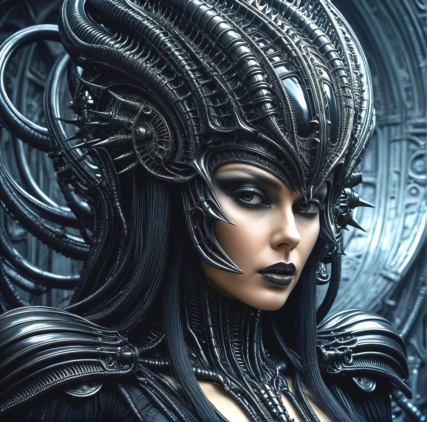 Futuristic figure in metallic headgear and armored attire