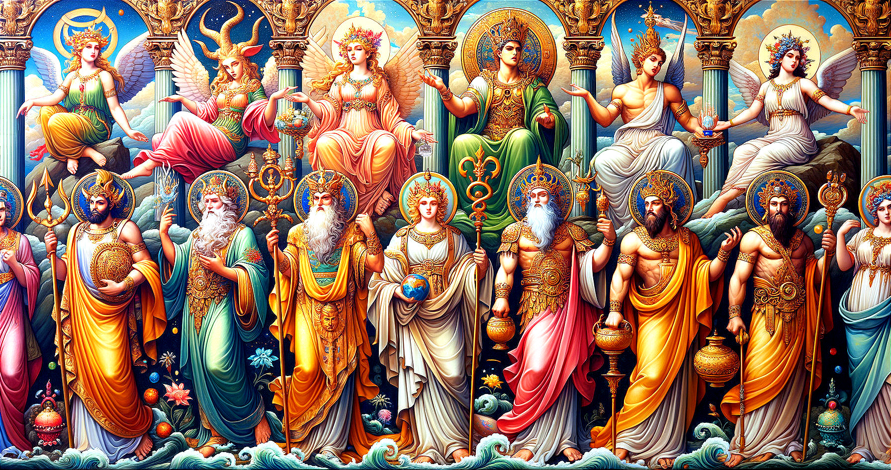 Colorful depiction of twelve mythological figures