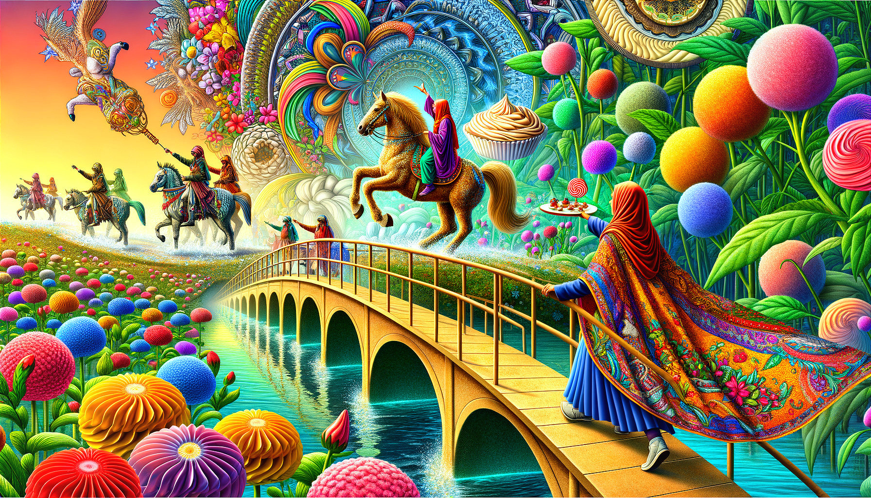 Surreal Landscape with Colorful Bridge and Riders