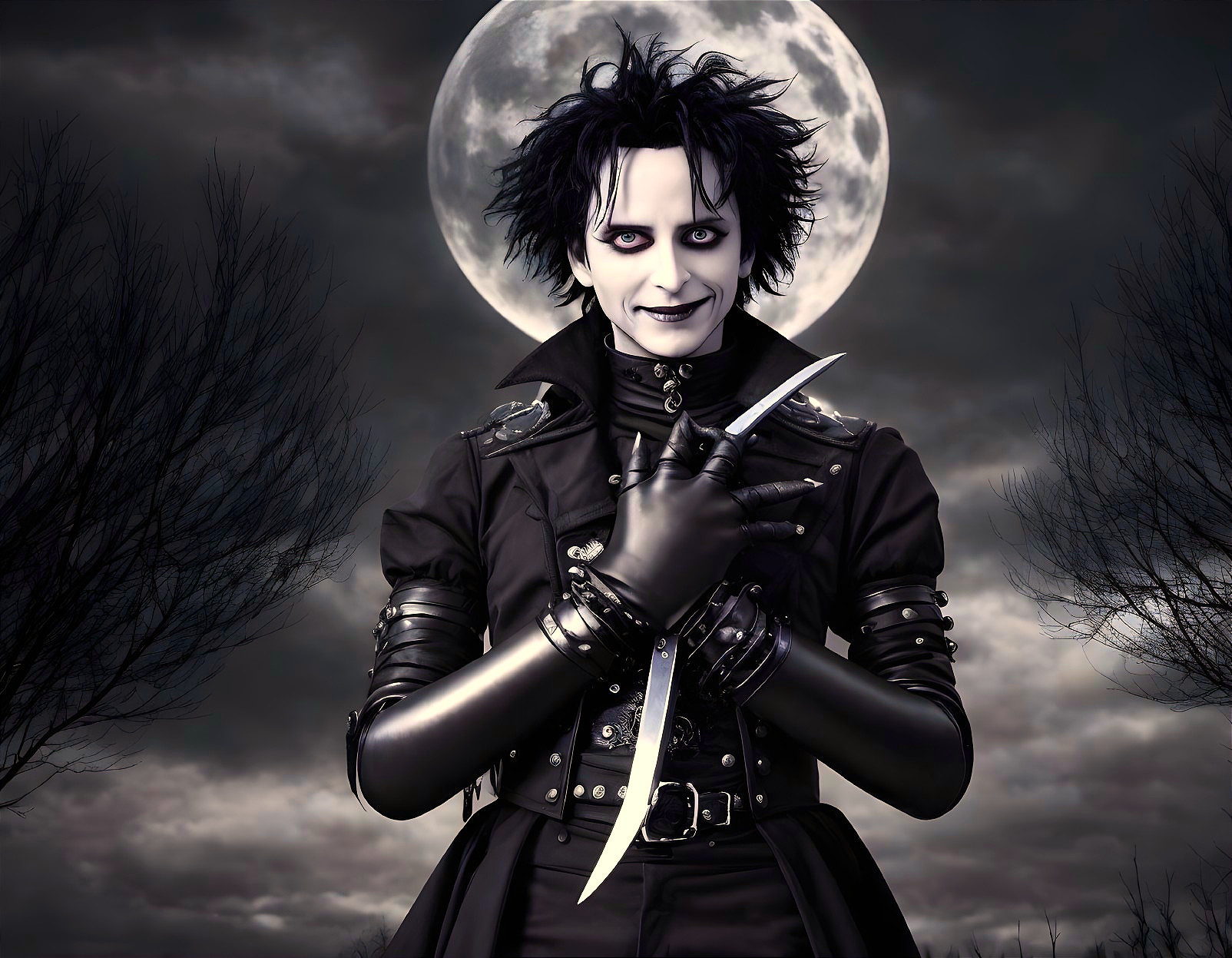 Gothic Figure in Moonlit Forest Setting