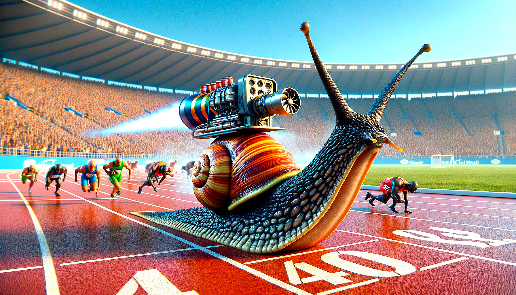 Whimsical Snail Races with Rocket Engine in Stadium