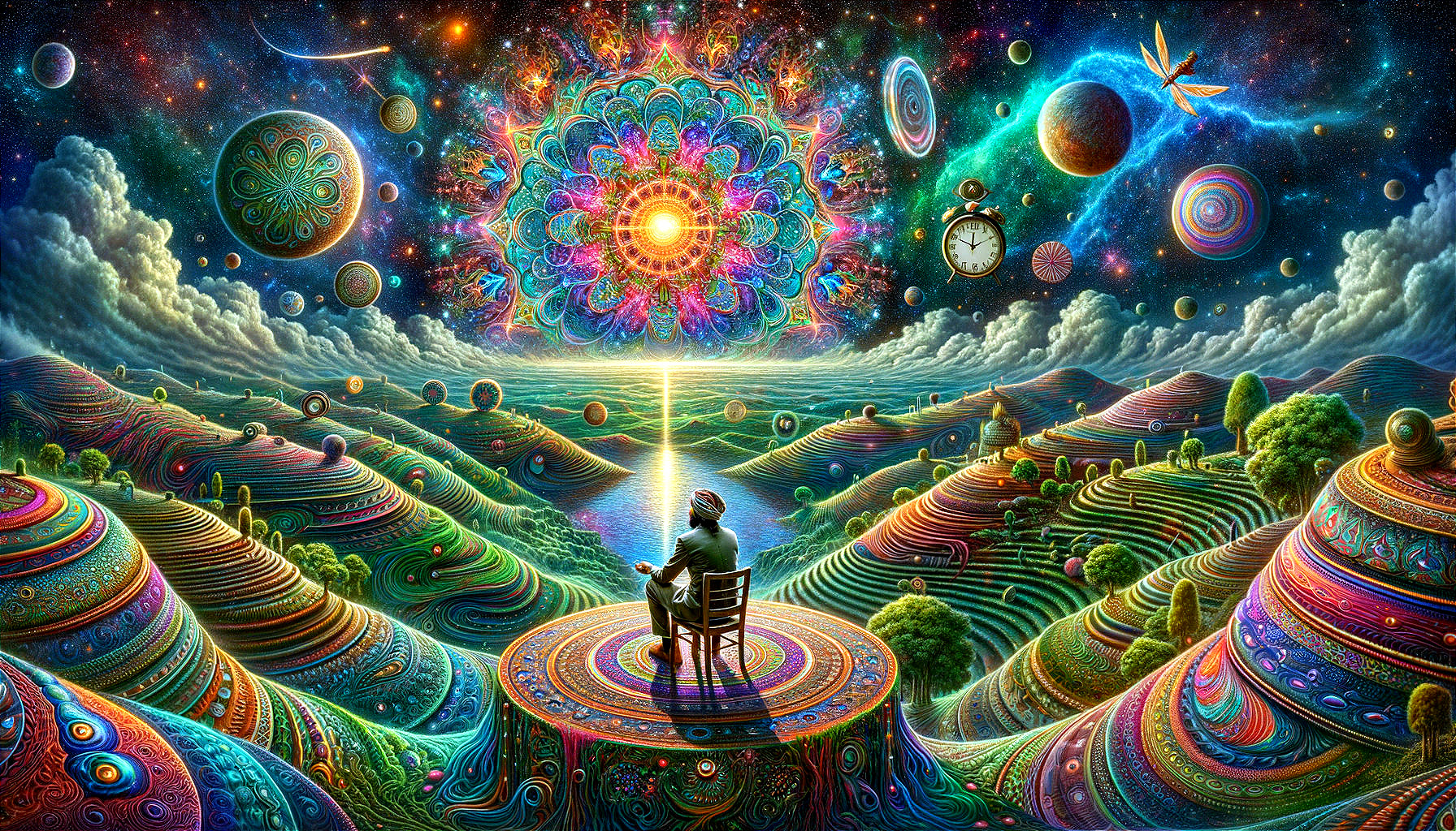 Surreal Landscape with Vibrant Patterns and Mandala