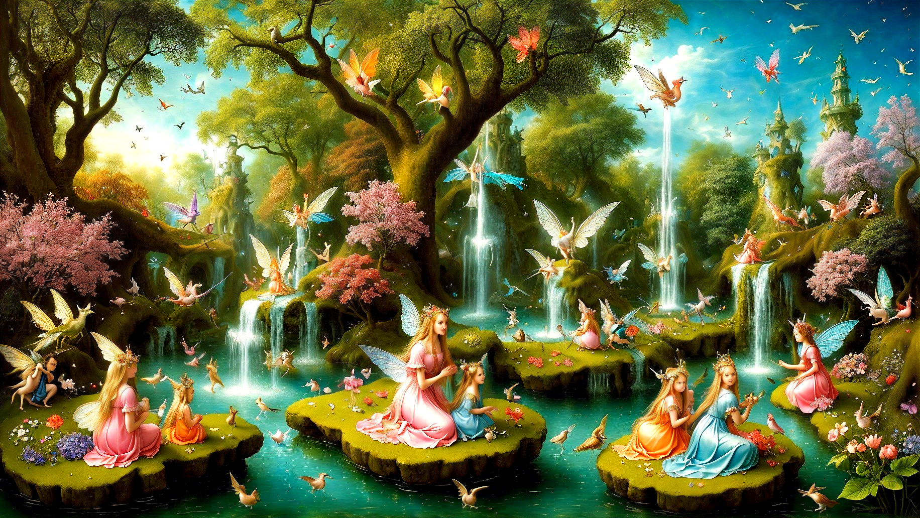 Whimsical Fairies in a Vibrant Enchanted Landscape