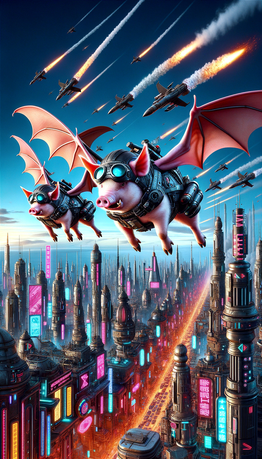 Winged pigs flying over a futuristic neon city