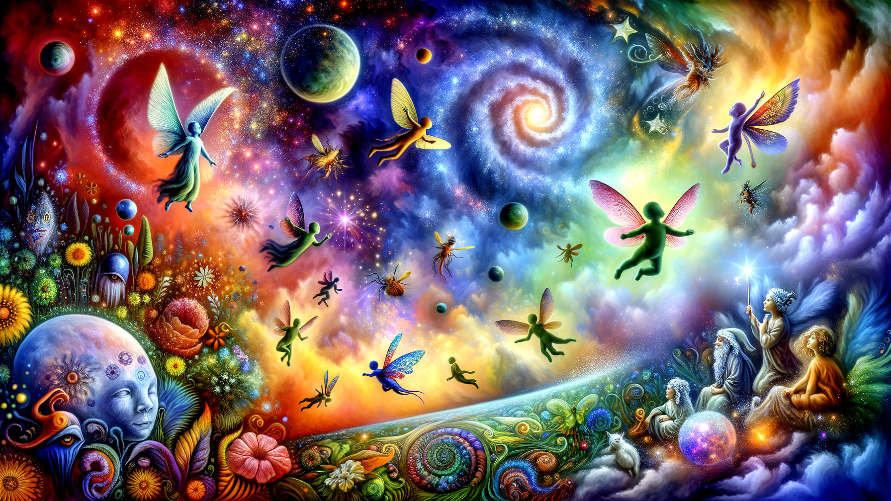 Vibrant Cosmic Scene with Fairies and Surreal Flora