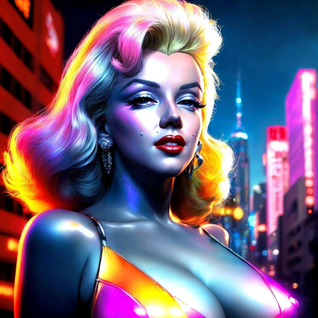 Colorful Digital Art: Stylized Woman with Blonde Hair in Neon City