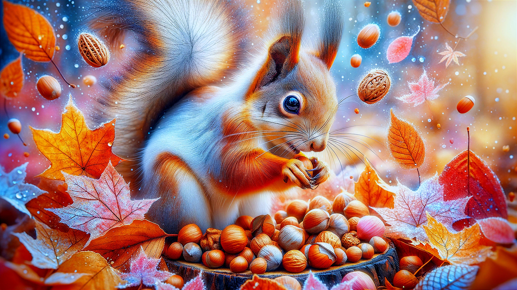 Squirrel with Acorn in Vibrant Autumn Landscape