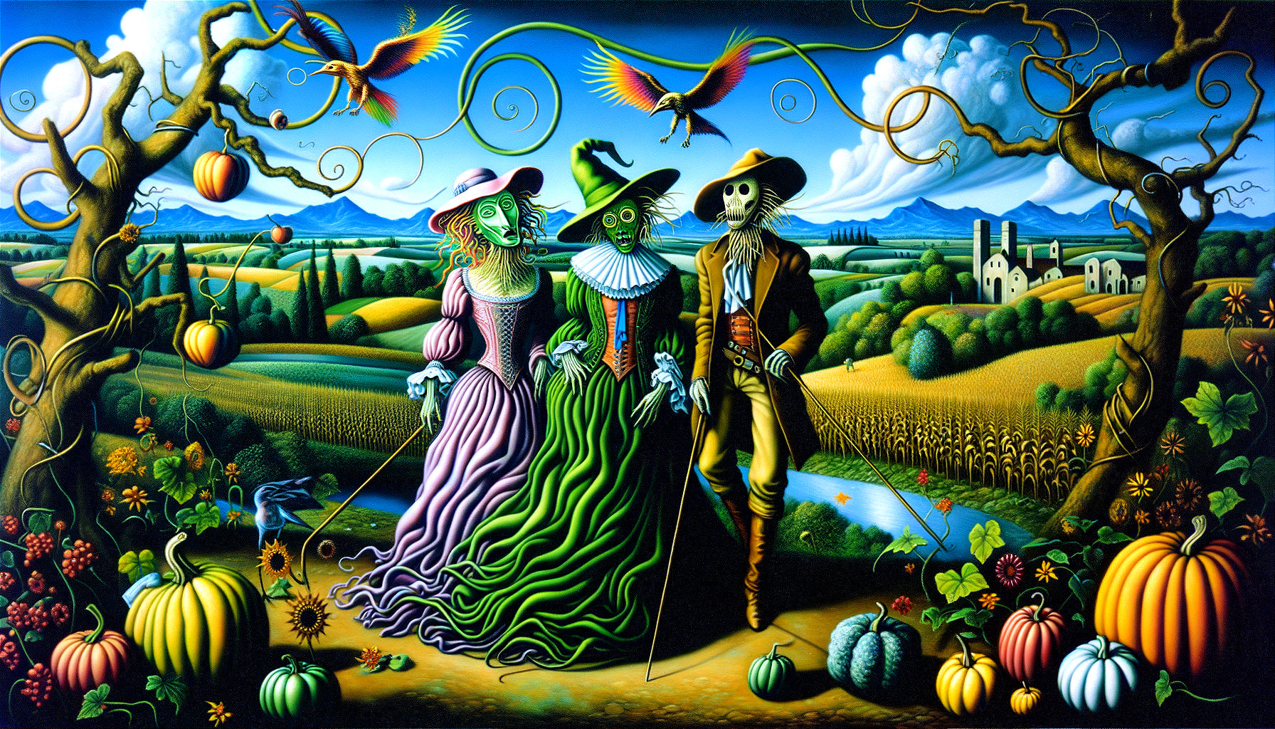 Whimsical Landscape with Scarecrows and Skeleton