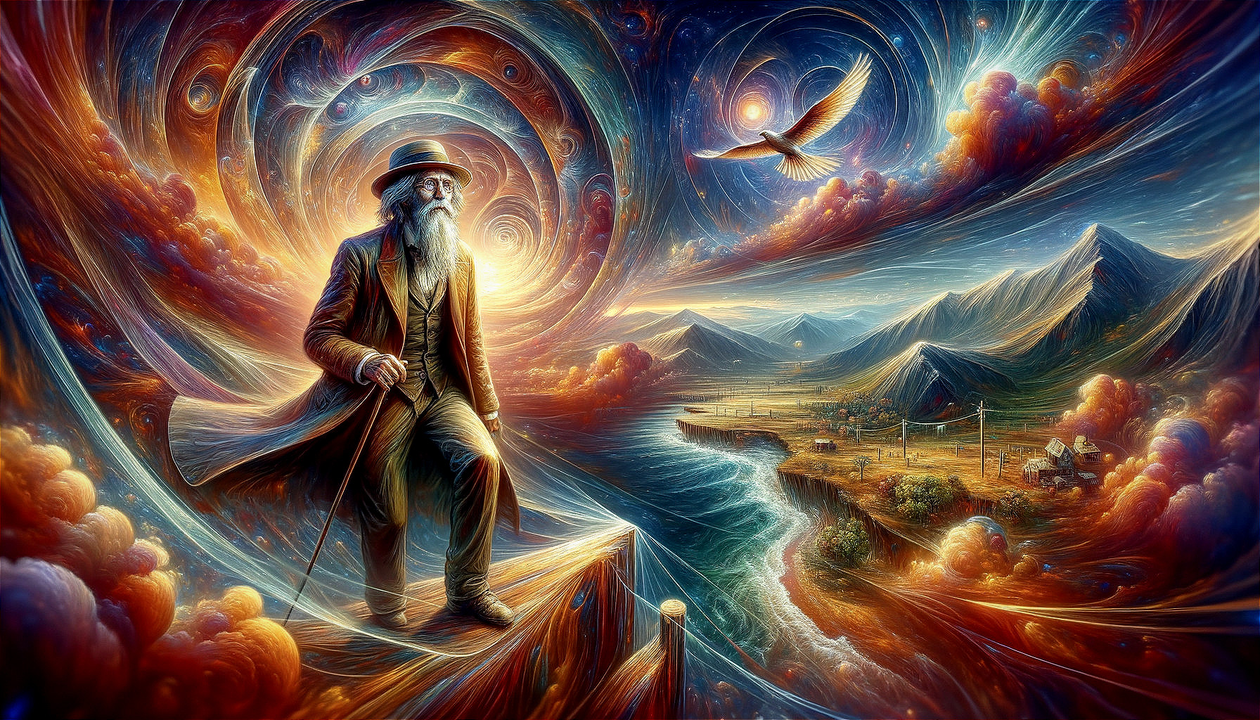 Old Man in Vibrant Cosmic Landscape with Mountains