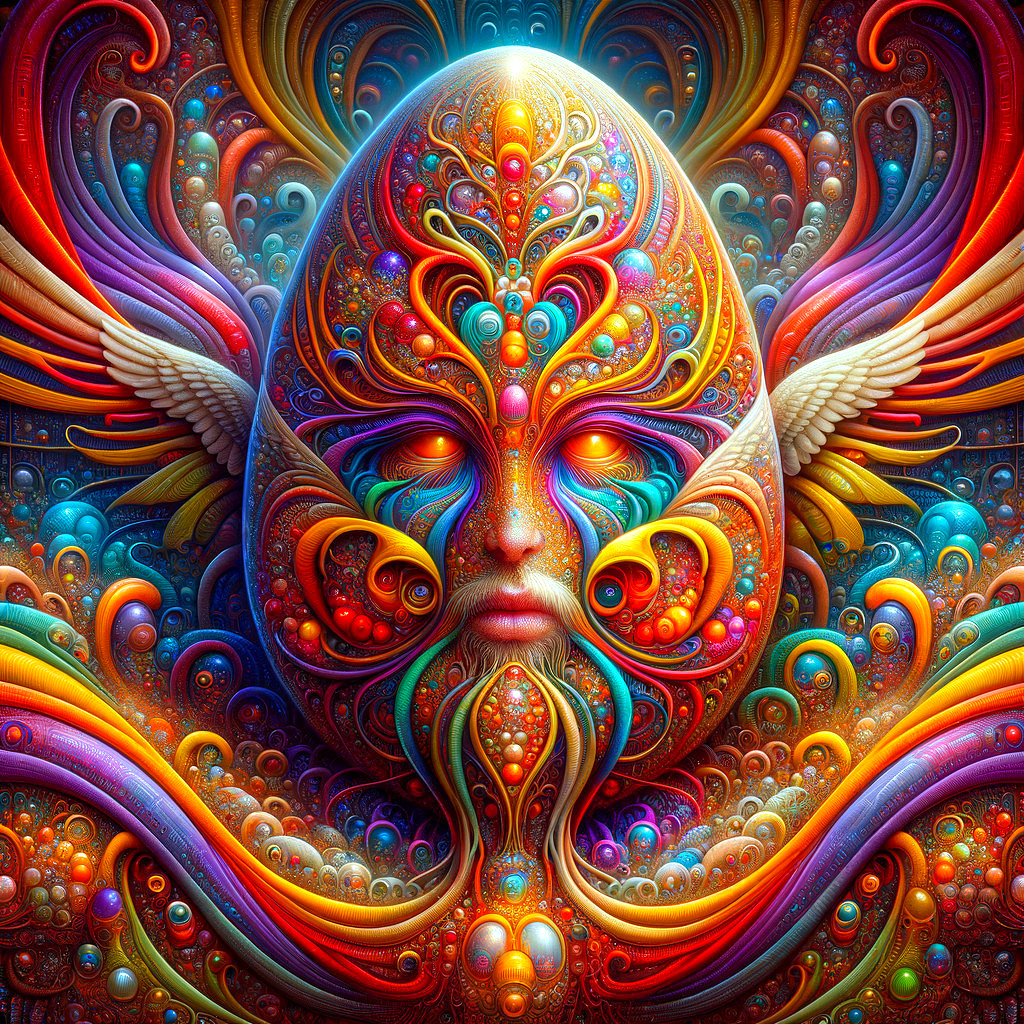 Surreal Egg-Shaped Figure with Intricate Patterns
