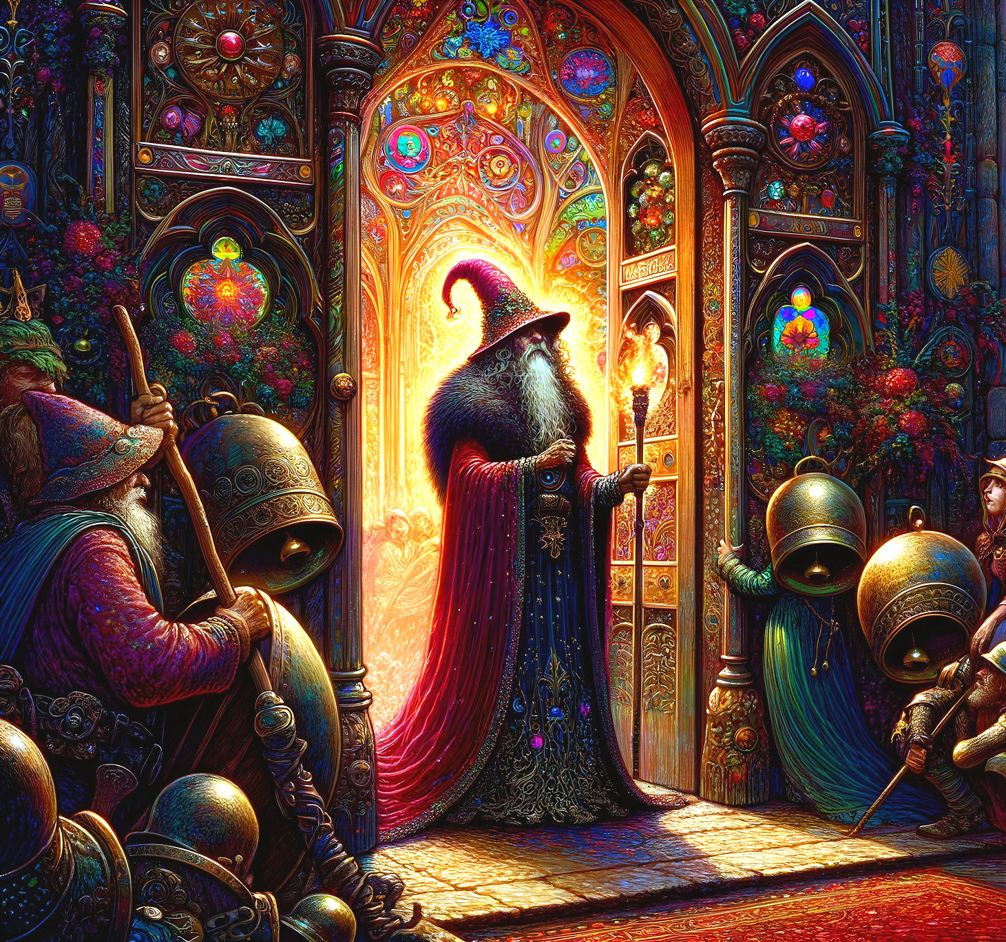 Majestic Wizard at Ornate Doorway with Stained Glass
