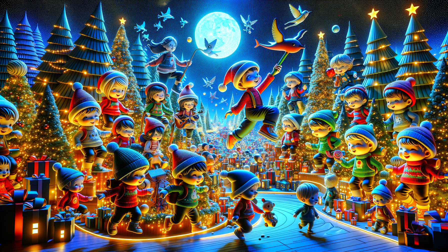 Cheerful Winter Scene with Children and Christmas Trees