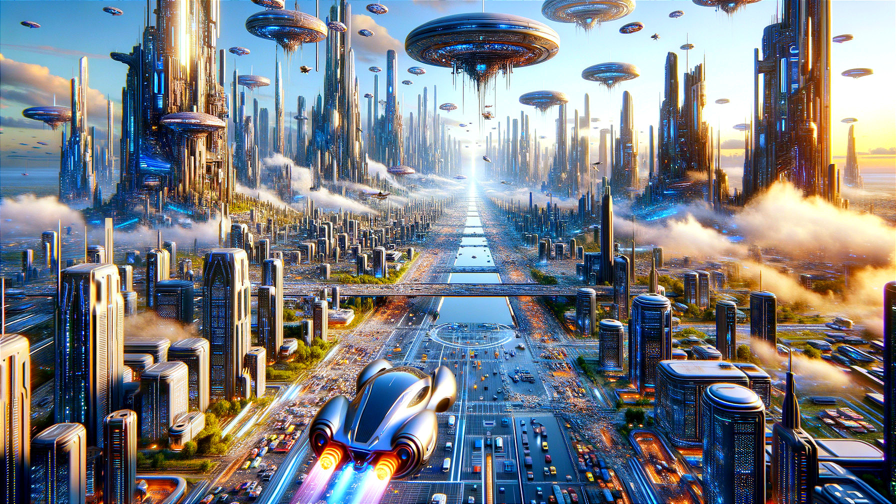 Futuristic Cityscape with Skyscrapers and Drones