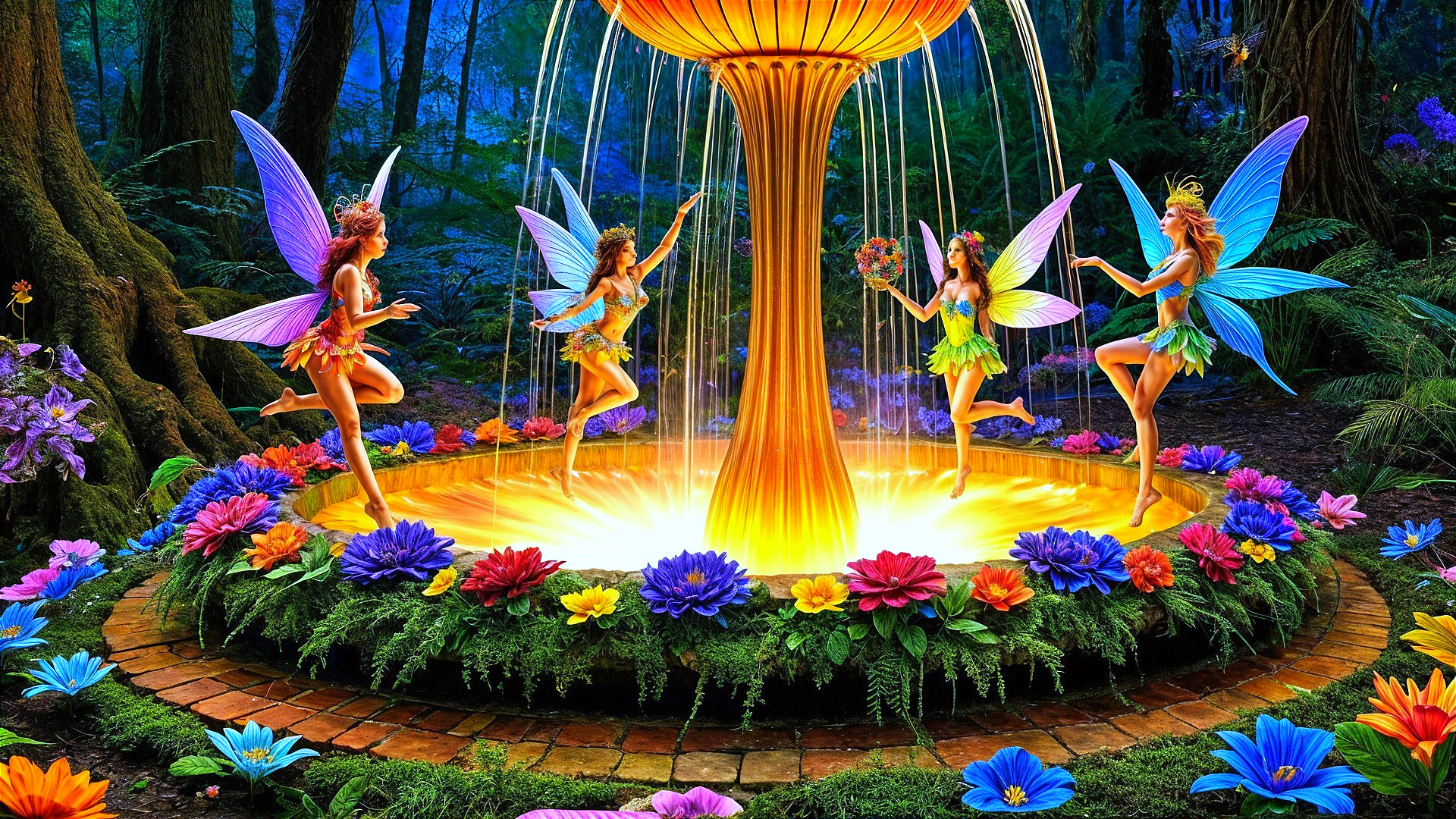 Fairies Dancing Around a Shimmering Fountain in Forest